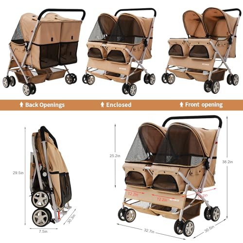 Double Pet Stroller for 2 Small Dogs & Cats (Khaki)