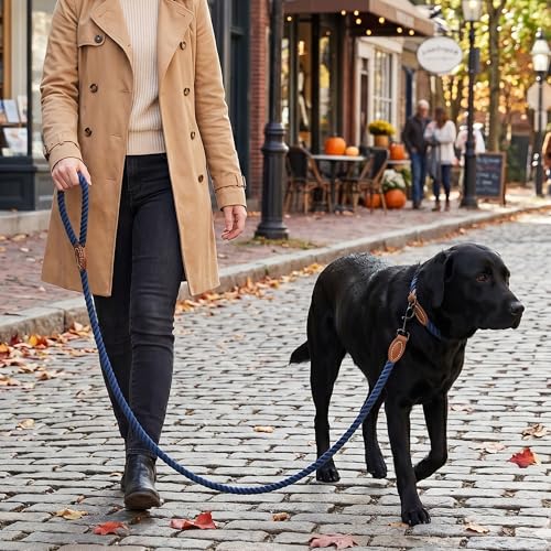 Dog Leash Braided Cotton Rope with Leather (Navy / 60 Inch-1/2")