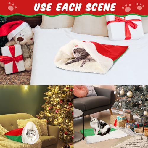 Self Heating Cat Sleeping Bag Self Warming Cat Cave Heated Pad Cozy Soft Winter Washable Wrap Red and Green Pet Sleeping Pouch Snuggle Sack for Puppy Dog Kitten (Christmas / Red and Green)