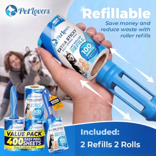 Extra Sticky Lint Roller Ultimate Value Set 400 Sheets for Pet Hair Removal