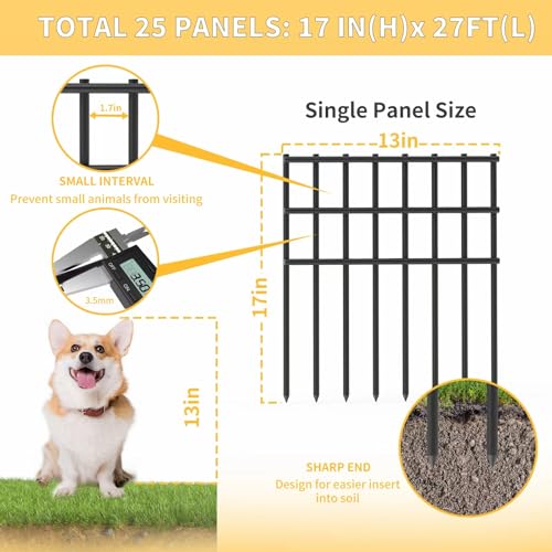 25 Pack Garden Animal Barrier Fence (25 Panels, 27ft(L) x 17in(H) / Black)