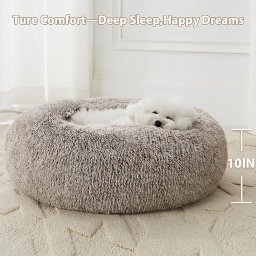Large Round Calming Dog Bed Cat Bed for Comfy Sleep (45"L x 45"W x10"Th / Light coffee)