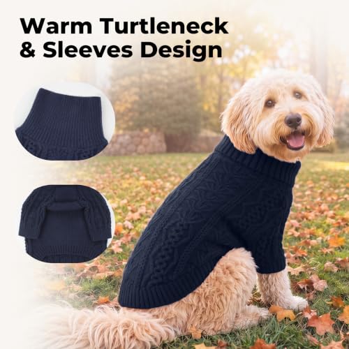 Dog Sweater for Medium Dogs Turtleneck Cable Knit Fall Sweatshirt M (M / Navy Blue)
