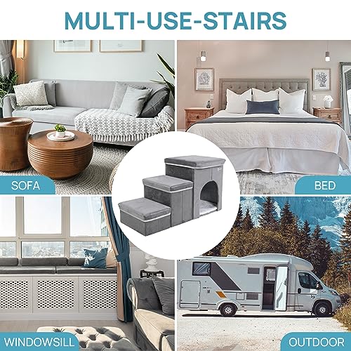 Foldable Pet Stairs with Cozy House & Storage (Dark Gray Suede)
