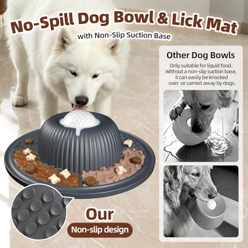 2-in-1 Dog Slow Feeder Bowl & Lick Mat with 2 Rotatable Balls, No-Slip Silicone Anxiety Relief Treat Mat for Dogs & Cats, Dishwasher Safe (Gray) (Gray)
