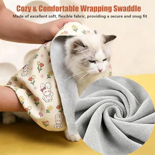27.6‘’ Cat Grooming Wrap for Cutting Nails (L-27.6'' / Floral rabbit)