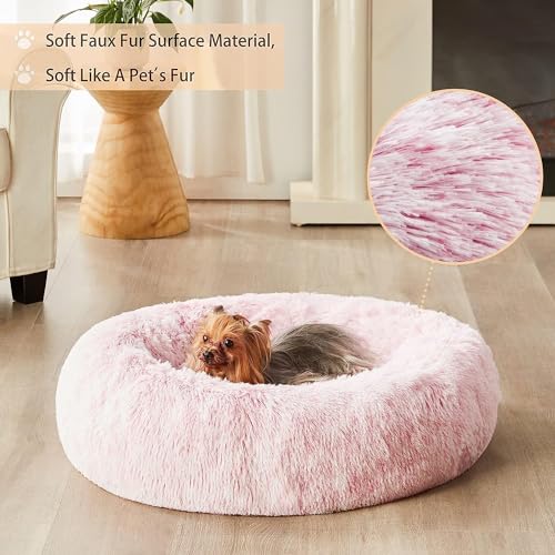 Large Pink Round Calming Dog Bed Cat Bed for Comfy Sleep (36"L x 36"W x 10"Th / light pink)