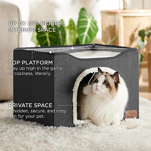Cat House Bed for Indoor Cats with Fluffy Ball and Scratch Pad (Dark Grey / Single)