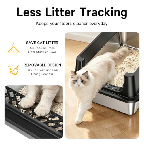 XL Open Top Stainless Steel Litter Box with High Sides (Black-1Pack)