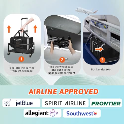 Small Pet Carrier 17"x12"x8.5" with Wheels Airline Approved (17.0"L x 12.0"W x 8.5"H / Black and Wheeled)