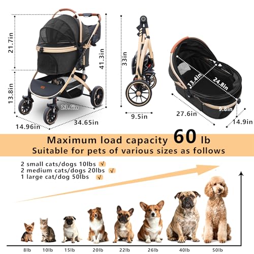 Dog Stroller with Removable Carrier Foldable Pet Stroller (Black)