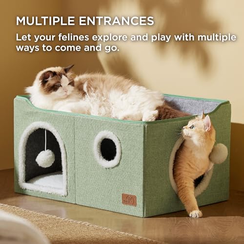 Extra Wide Cat House Bed with Fluffy Ball and Scratch Pad (Green / Widen)