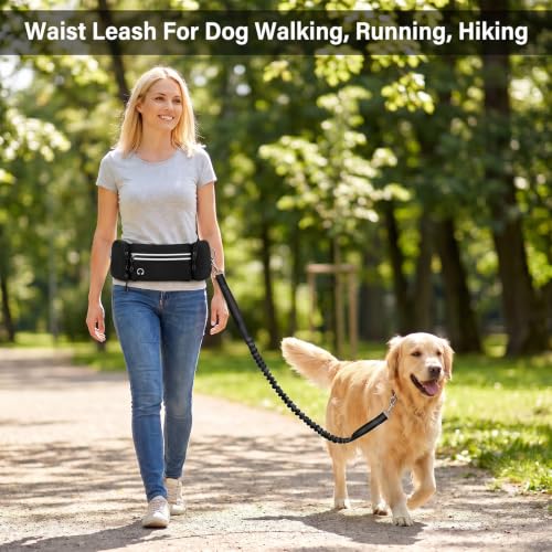 Hands Free Dog Leash 3 Zipper Pounchs with Reflective Strips Poop Bag Dispenser (Black)