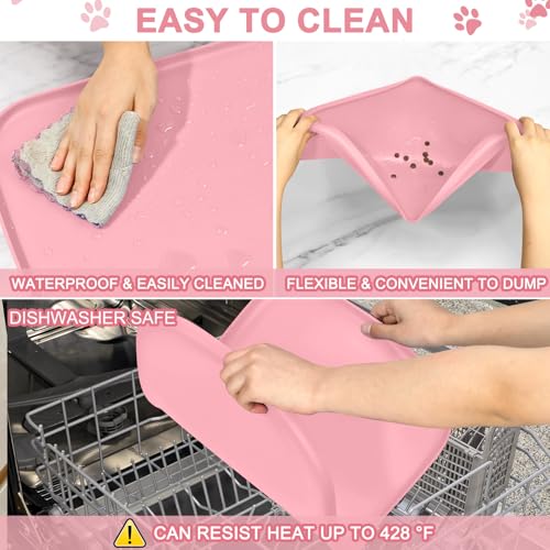 Waterproof Silicone Pet Food Mat with Raised Edge for Dog & Cat (Sakura Pink / 24"L x 16"W)