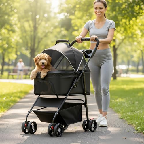3-in-1 Pet Stroller for Small/Medium Dogs Cats,4 Wheels,Detachable Carrier Basket,Breathable Mesh,Storage Basket,Cup Holder,Weather Cover,Black (Black)