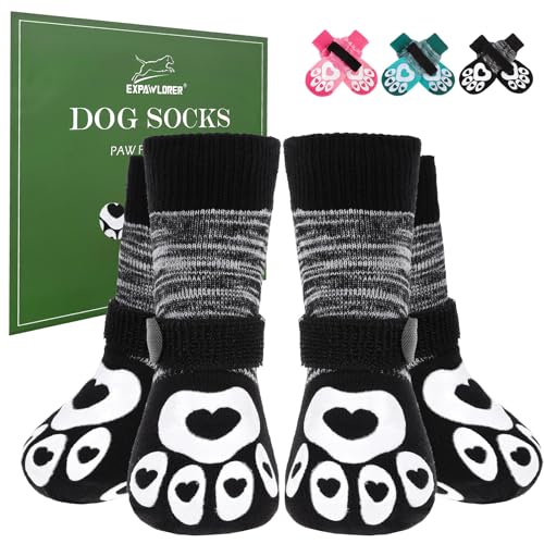 Dog Socks to Prevent Licking Paws with Grippers for Hardwood Floors Anti Slip (Black / Medium)