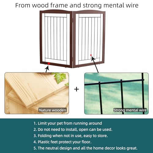 Freestanding Foldable Dog Gate for House Extra Wide Wooden Indoor Puppy Gate Stairs Doorways Pet Gate Tall Dog Fence 2 Panels Fence Brown (Brown / 【2 Panels】40''w x 32''h)