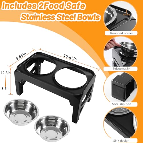 Elevated Dog Bowls with 2 Stainless Steel Food & Water Raised Bowls with No Spill Edge Non (M (8" for M/L Dogs) / Black)