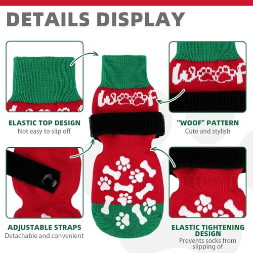 Anti Slip Dog Socks for Hot (Red&green With Woof / Medium (4 Pack))