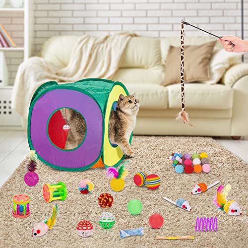 33Pcs Cat Toys Pack for Indoor Cats Kitten (Cube Tunnel Toy Set - For Cats Less Than 12lbs)