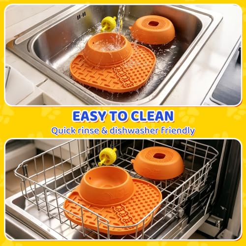 Slow Feeder Dog Bowls with Rolling Ball & Lick Mat (Orange)