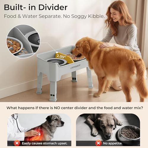 Mess Proof Elevated Dog Bowls 4 Height Adjustable Raised Stand (Light Grey / Large)