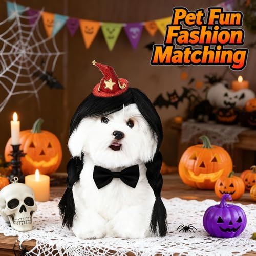 Dog Costume Long Black BraidHair with Small Red Wizard Hat Styling CuteFunny Pet Hair Accessories Decoration forHalloween (braid)