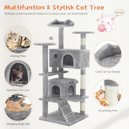 54 Inch Cat Tree Tower with Natural Sisal Scratching Post (Light Grey / 53.95IN)