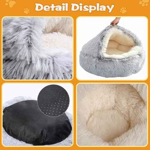 Round Plush Fluffy Hooded Cat Bed Cave (30.0"L x 30.0"W x 6.5"Th / coffee)
