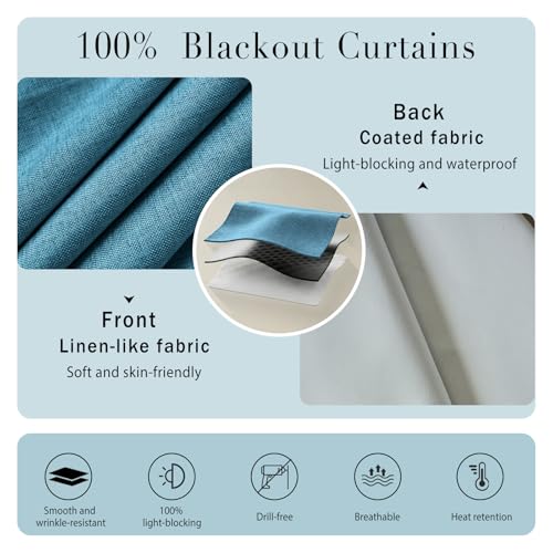 100% Blackout Magic Tape Stick On Curtains Window Shades Pull Down Blackout Window Cover No Drillng Self Adhesive Curtains No Rod Small Windows (34"W x 60"L (Pack of 1) / Stone Blue)