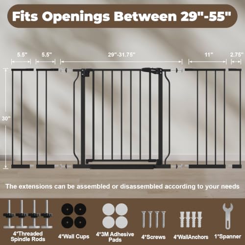 29" 55" Wide Baby Gate for Stairs & Doorways (Black / 29-55"Wide, 30"Tall)