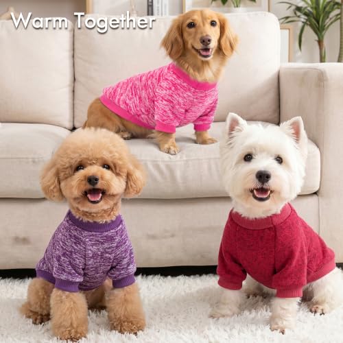 3 Pack Dog Sweaters for Small Dogs Girl Boy Winter Fleece Clothes Warm Soft Dog Sweatshirt Outfit for Dogs Cats Pet Apparel (Wine red+purple+Pink / M (Back: 13.7", Chest: 17.7", 10-14 lbs))