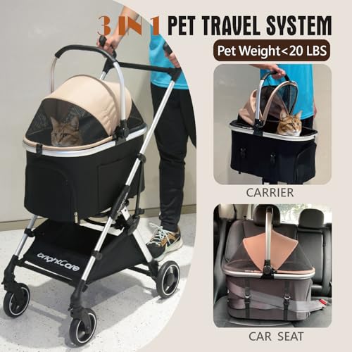 Small Pet Stroller for Dogs & Cats Under 20 lb with Detachable Carrier