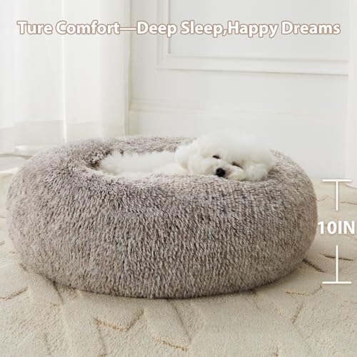 Medium Round Calming Dog Bed Cat Bed for Comfy Sleep (30"L x 30"W x 10"Th / Light coffee)