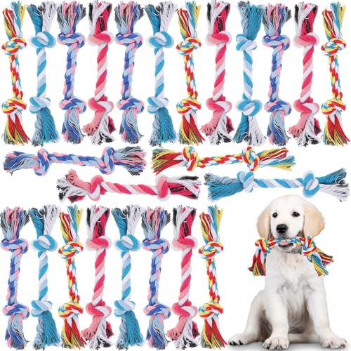 24 Pcs Dog Rope Toys Bulk Multi Color Puppy Chew Rope Cotton Teething Toys 2 Knot Tug for Aggressive Chewers Small and Medium Dogs Puppies
