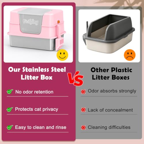 XL Enclosed Stainless Steel Cat Litter Box with Lid (Pink)