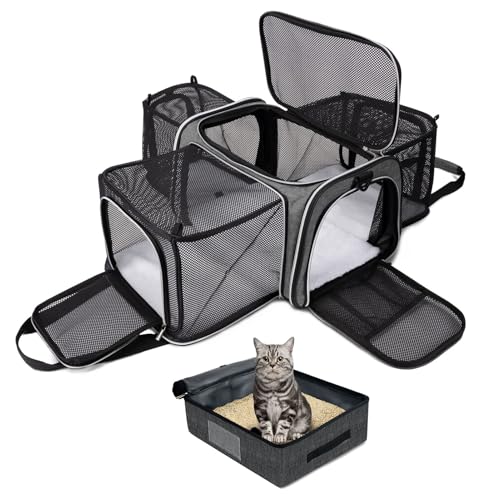 Expandable Cat Carrier with Travel Litter Box (Grey / 12.6"L x 6.9"W x 16.5"H)