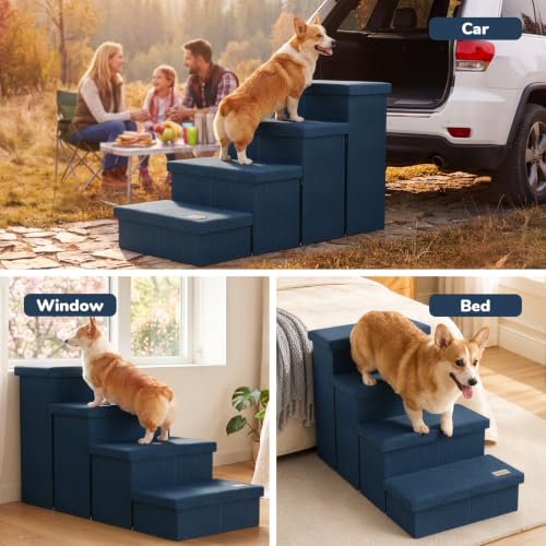 4 Step Wide Dog Stairs with Storage 23" H (Navy / 40"D x 17"W x 23"H)