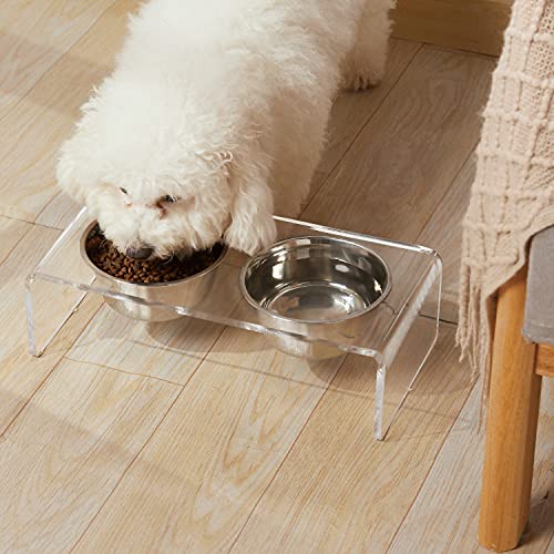Acrylic Elevated Dog Cat Bowls Pet Feeder Double Bowl Raised Stand Comes with 4 Removable Stainless Steel Bowls. Perfect for Cats Puppies Small Dogs (Small: 3.75'' Height, 23.6 oz Steel Bowl)