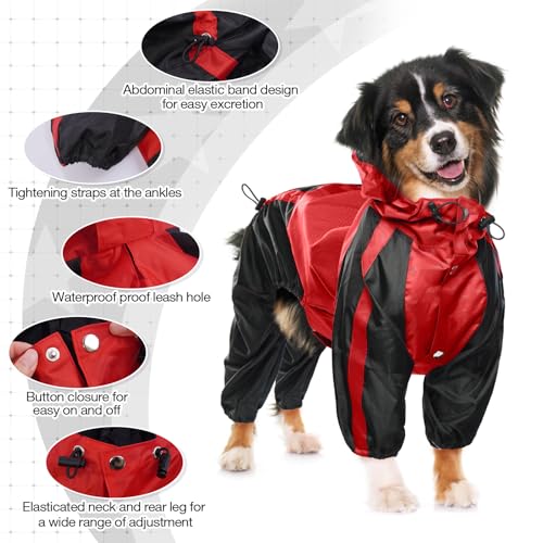 Dog Raincoat 4 Leg Waterproof Dog Rain Jacket with Hood (Red / Small)