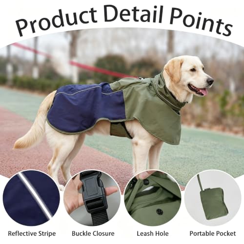 Dog Raincoat with High Collar (Green&Navy / Large(22-37lb))