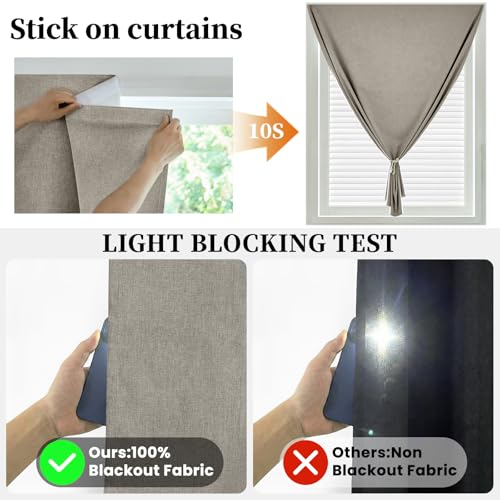 100% Blackout Curtains for Bedroom Stick On Curtain Window Shades Pull Down Blackout Window Cover No Drillng Self Adhesive Curtains No Rod Small Windows (46"W x 72"L (Pack of 1) / Light Brown)