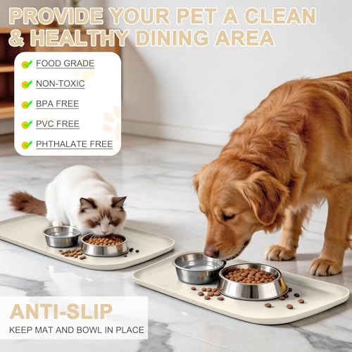 Waterproof Silicone Pet Food Mat with Raised Edge for Dog & Cat (19"L x 12"W / White Sand)