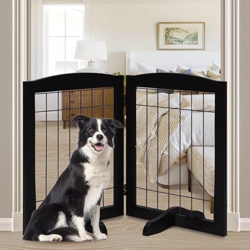 2 Panel Freestanding Adjustable Wooden Dog Gate (30"Height-2 Panel / Black)