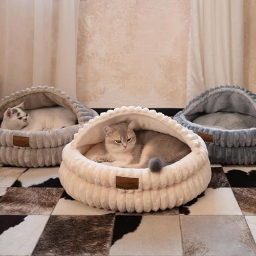Cat Cave Bed for Indoor Cats Covered Hooded Pet Bed with Cushion (White)
