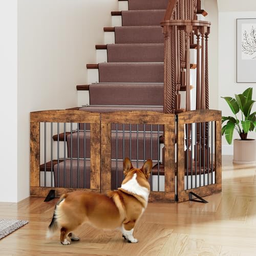 Indoor Dog Gate with Support Feet (Rustic Brown / 【3 Panels】61.4"L x 24"H)