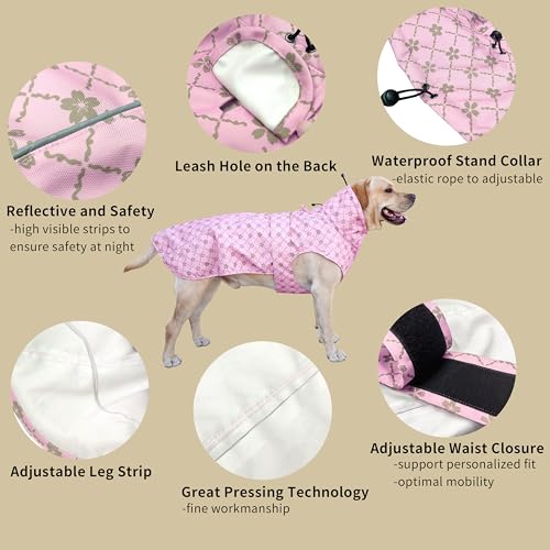 Adjustable Waterproof Dog Raincoat for Dogs (Gold Cheery Blossoms Pink / XX-Large(55-77lb))