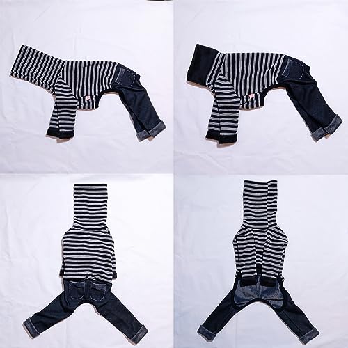 D Doggy Star Italian Greyhound Clothes Stripe Fleece Stretchable Denim Onesie Whippet for Dog Turtleneck Outfits Coat (XL / Denim Black)