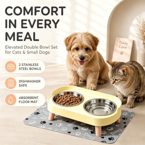 Elevated Dog Bowls with Mat (Yellow)