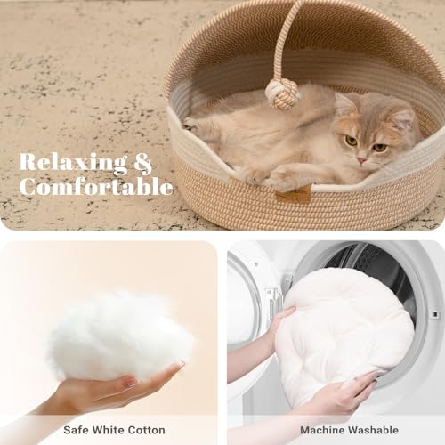 Cat Basket Bed with Washable Cushion and Ball Rope Cotton (White)